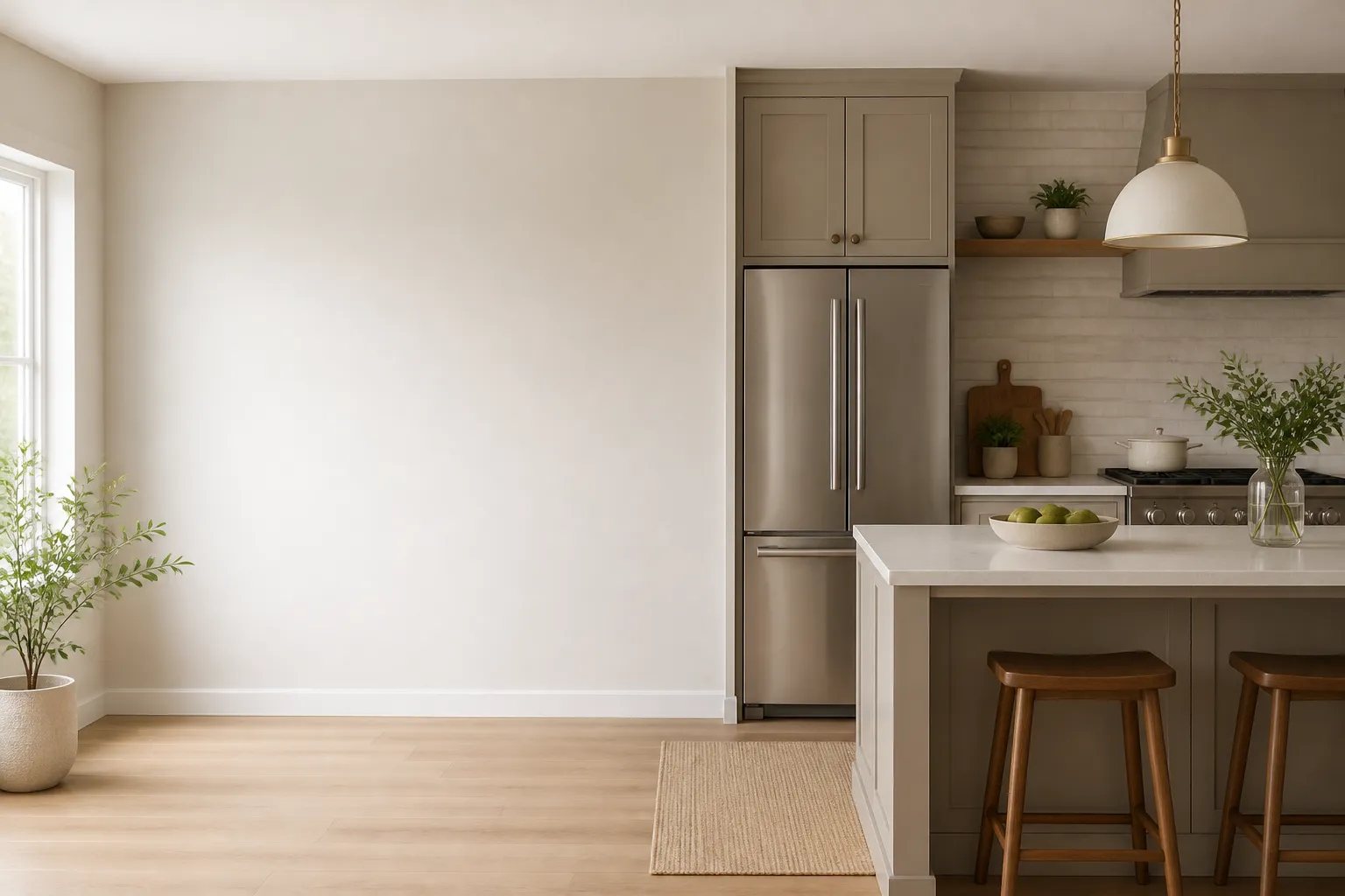 Calm finished kitchen with polished appliances and open space for text.