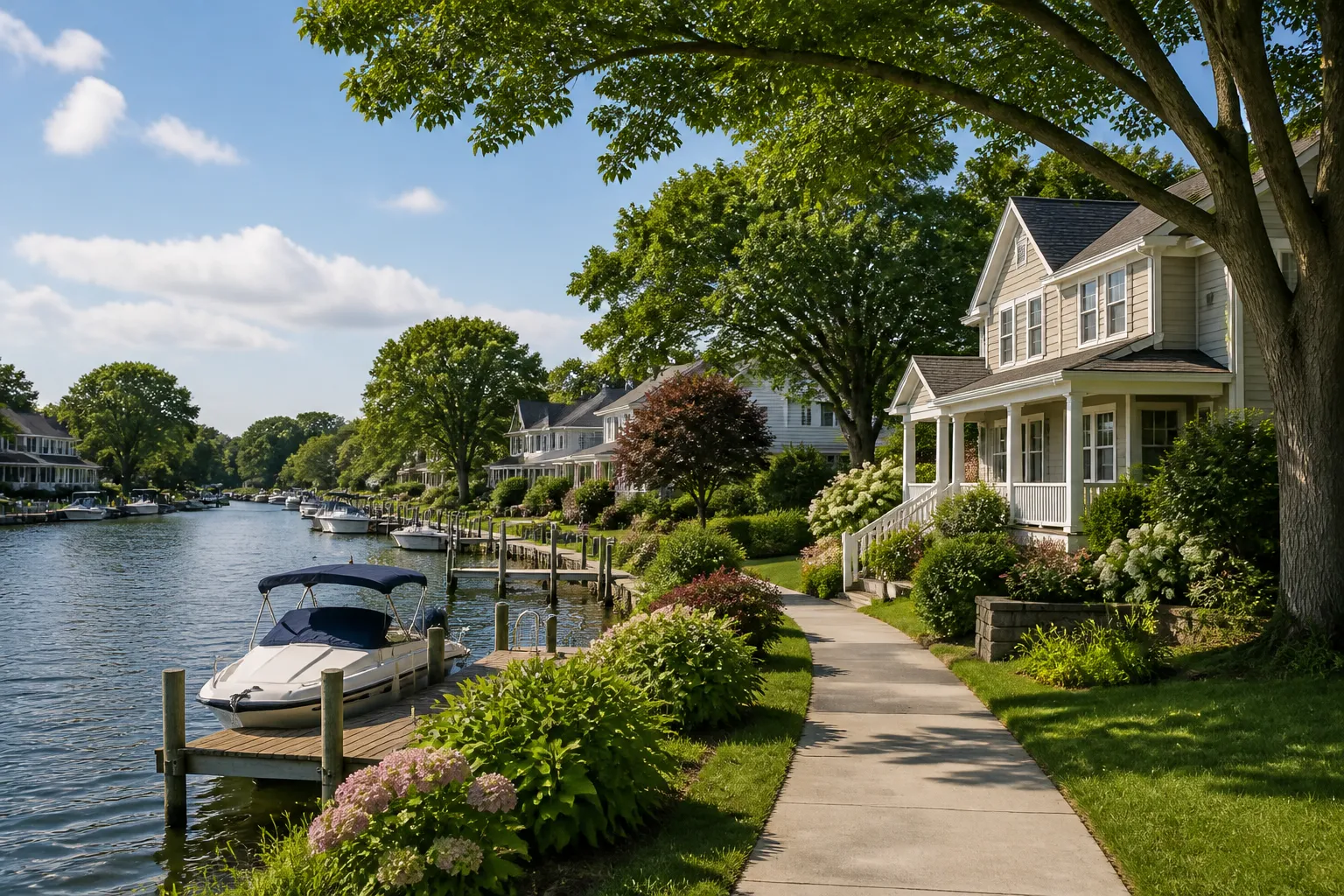 Welcoming suburban waterfront neighborhood with tidy homes and greenery.