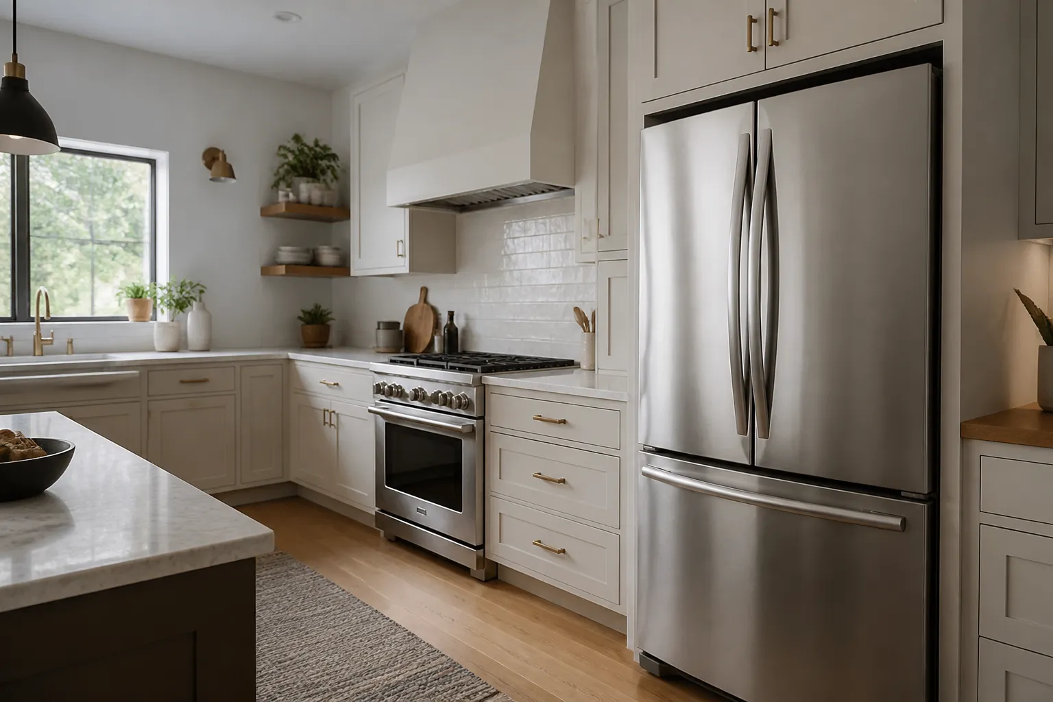 Modern kitchen with a clean stainless steel refrigerator and polished appliances.