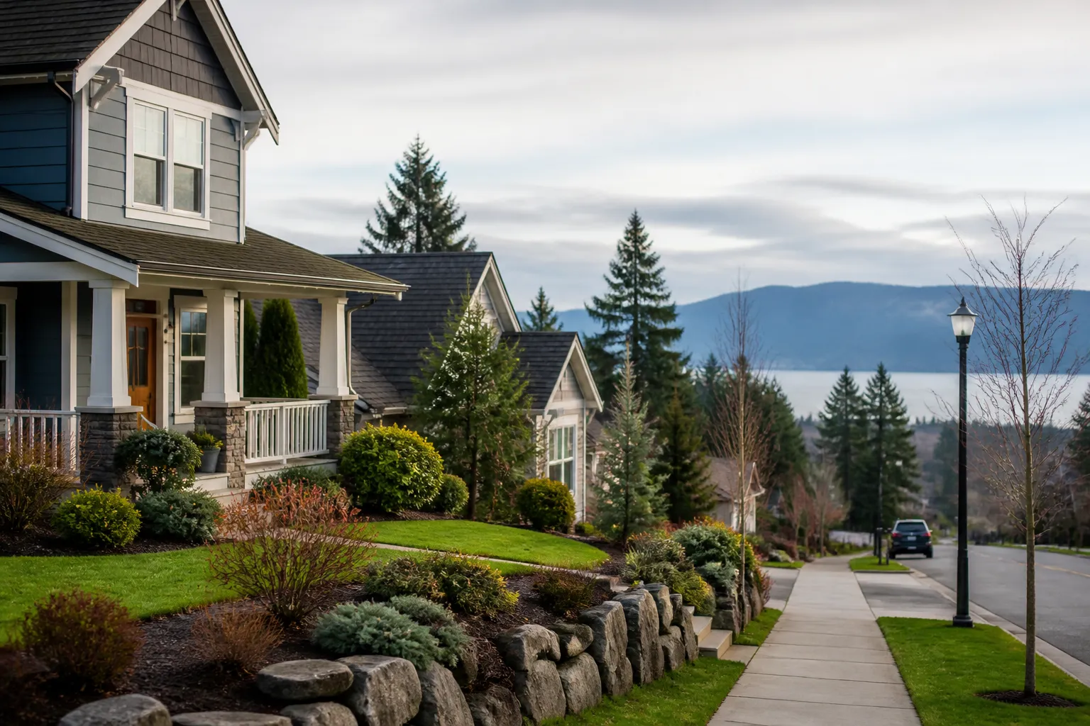 Calm Pacific Northwest neighborhood with tidy homes and evergreen trees.