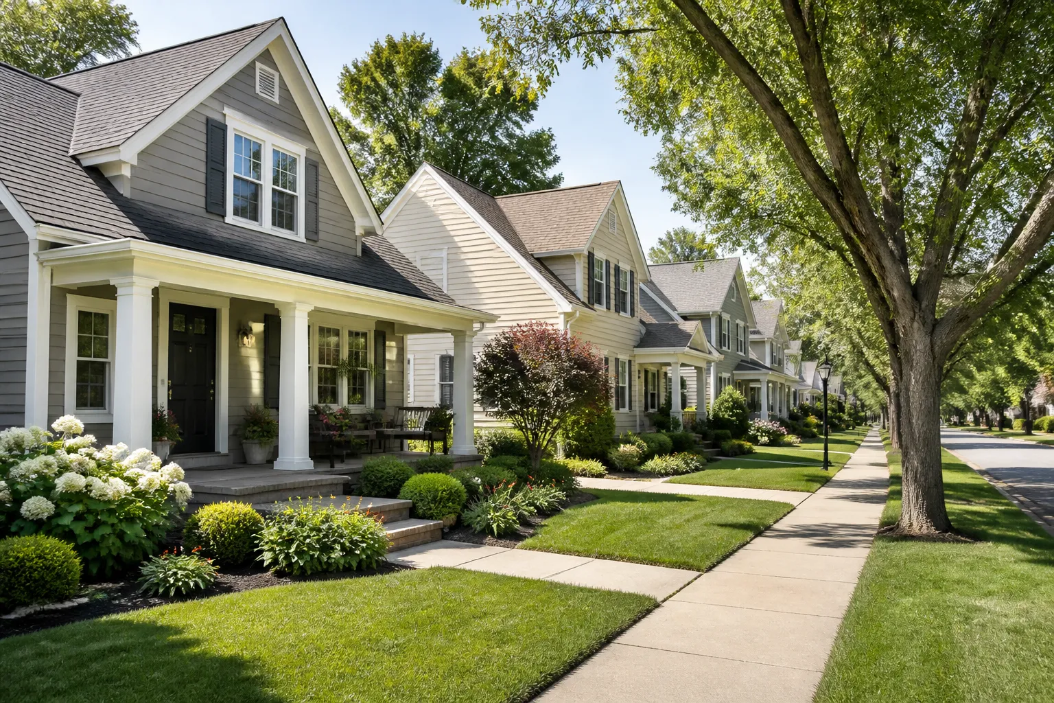 Well-kept suburban neighborhood with homes, lawns, and mature trees.