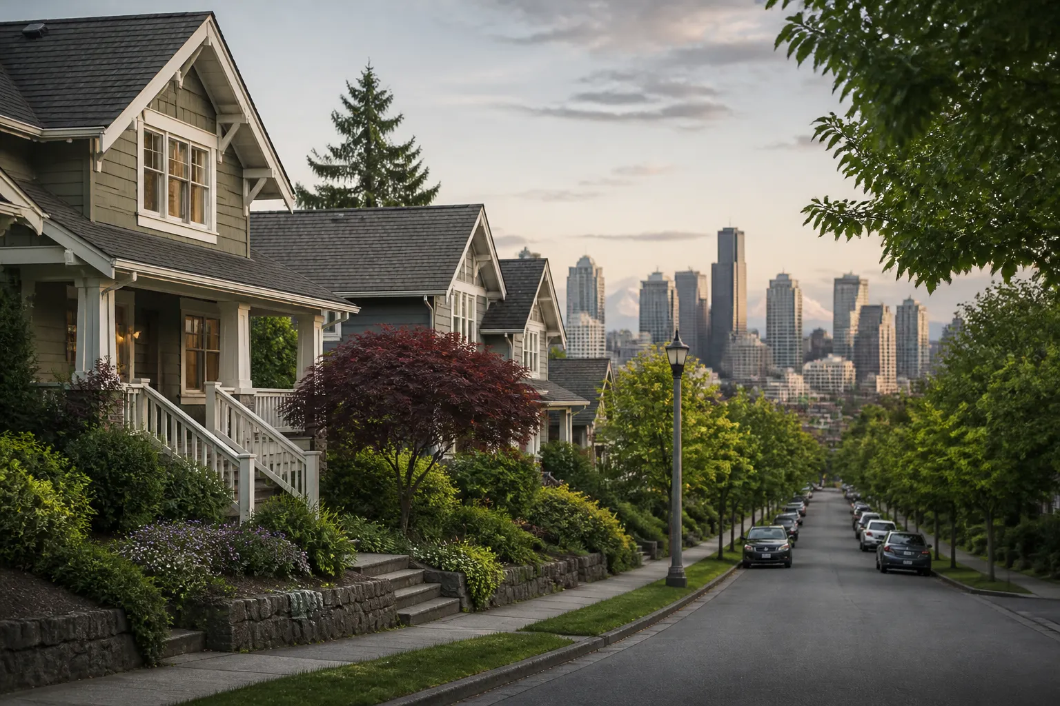 Urban neighborhood with classic homes and a soft city backdrop.
