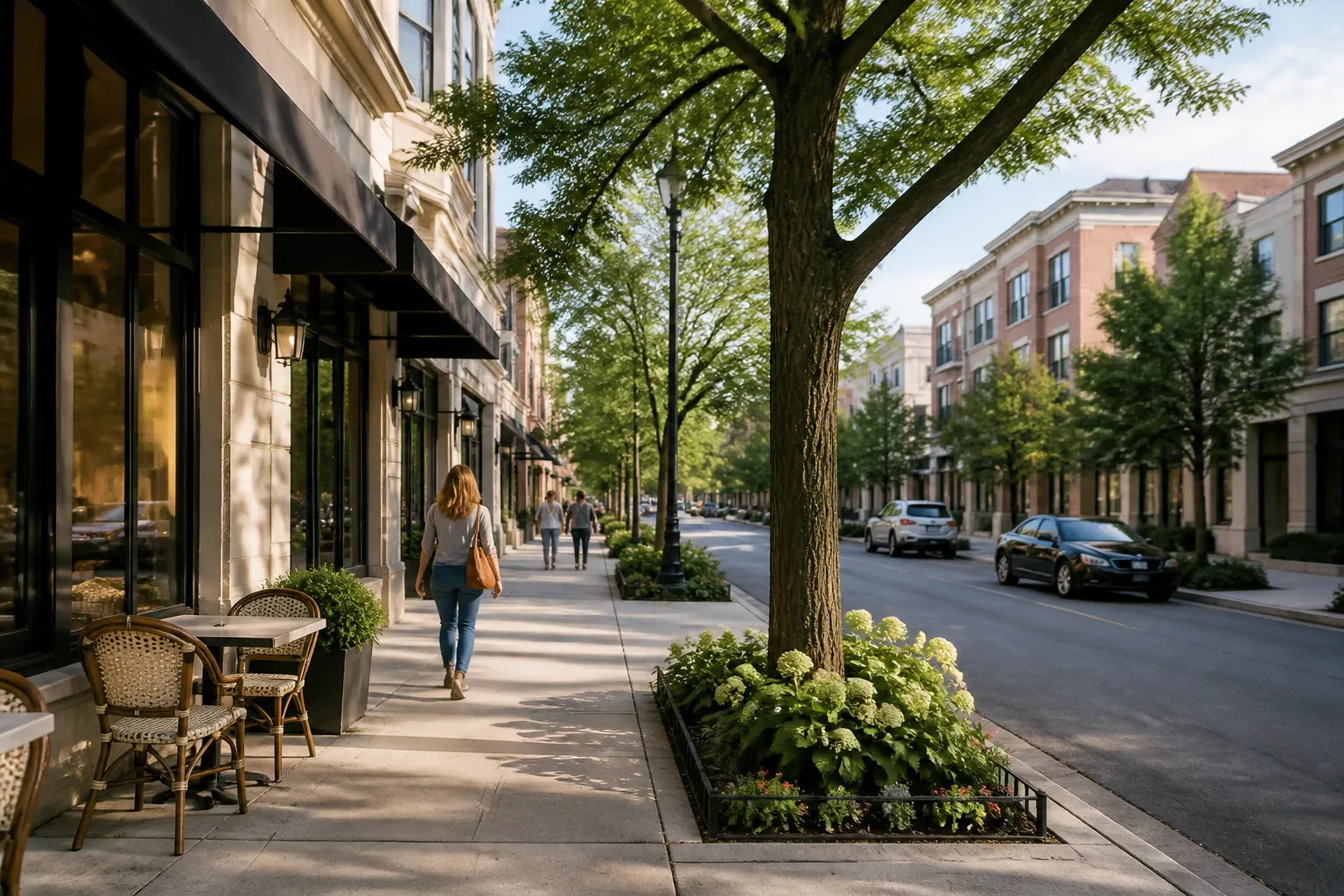 Tree-lined neighborhood with clean buildings and a welcoming streetscape.